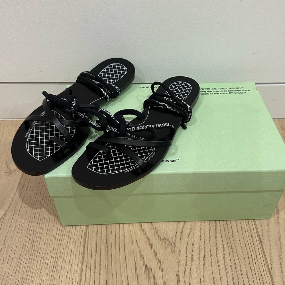 New w box, dust bag and tags. OFF-WHITE wrap lace up sandals black leather